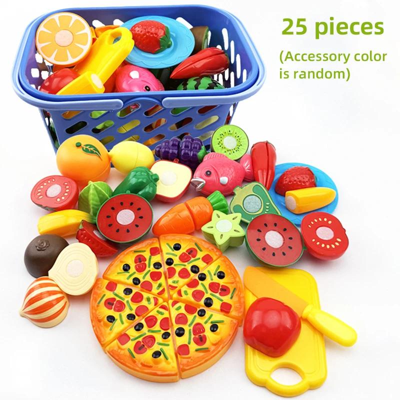 Cutting Food Kitchen Toys Set Simulate Fruit Vegetable Accessories with Shopping Basket Role Play Education Toy for Toddler Gift