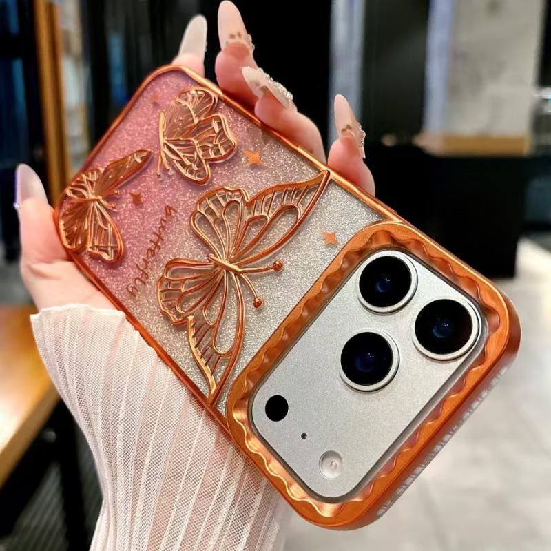 3D Třpytivý Motýlek s Tekutým Pískem Gradientní Pouzdro Pro iPhone 17 16 15 14 13 12 11 Pro Max Plus Air Plating Nárazuvzdorný Kryt