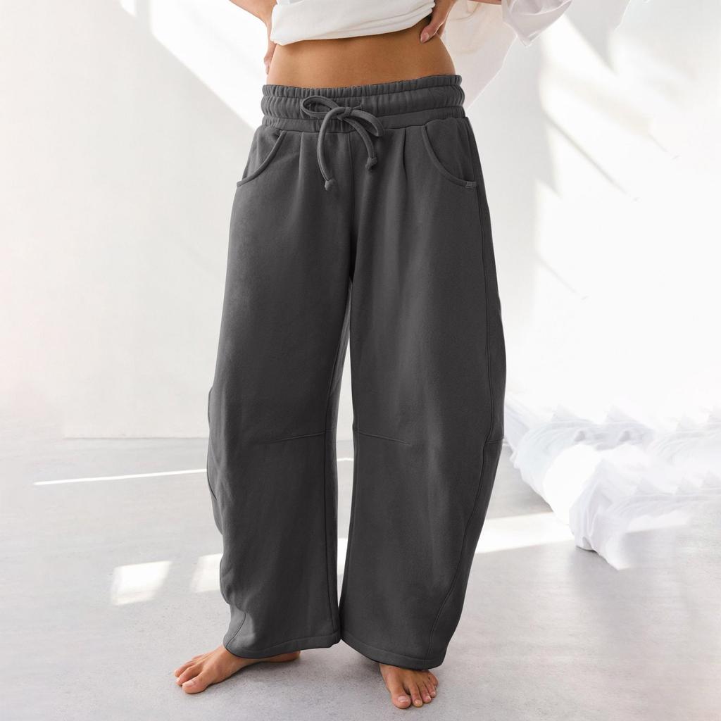 Women's Barrel Leg Sweatpant Drawstring Elastic Waisted Wide Leg Pants Casual Cotton Palazzo Trousers With Pockets