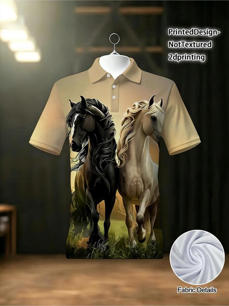 Heren Buiten Polo Shirt, Gemengde Kleur, Meerdere Specificaties Beschikbaar, Polyester Materiaal, Gestileerde Paarden Print, Geschikt voor Wandelen & Buiten