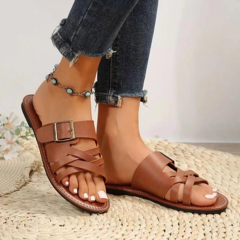 Letní jednobarevné ploché sandály Popula 2024 Outdoorové pantofle s otevřenou špičkou Plážové dámské boty Velké velikosti Zapatos De Mujer Slides