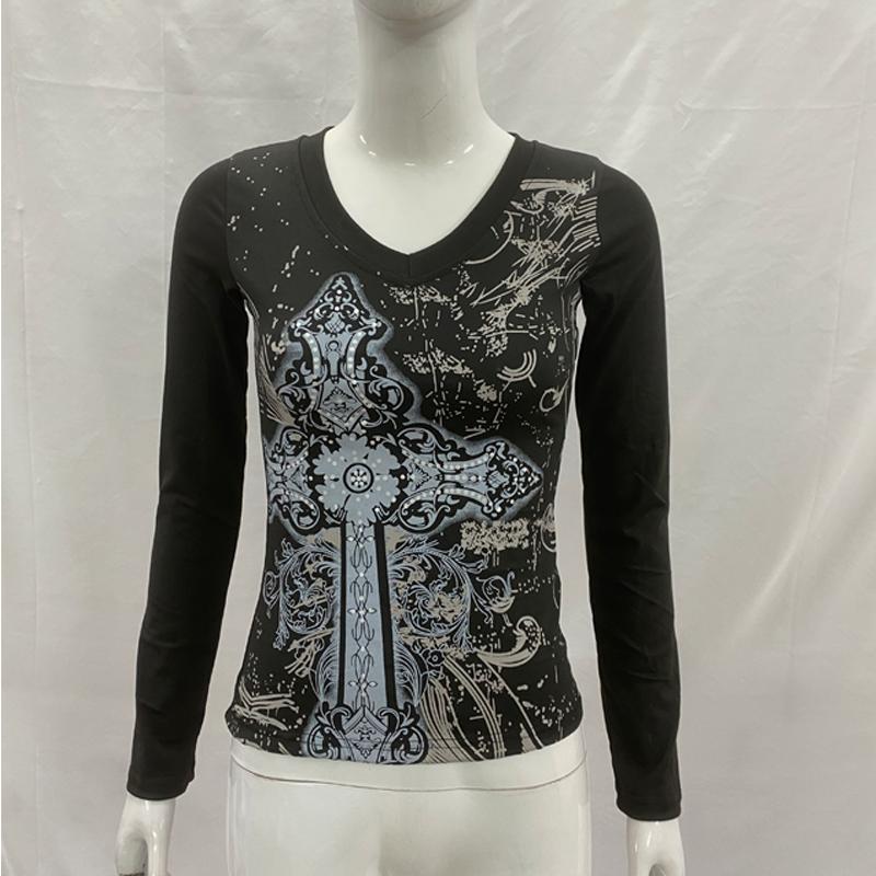Y2K Gothic schwarzes bedrucktes Damen Retro Frühling V-Ausschnitt langärmeliges tailliertes Oberteil