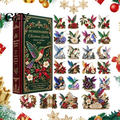 Vakantieteller Cadeaubox Kolibrie Kersttuin Adventskalender, 24-Dagen Kalender met 2D Acryl Vogel Hangende Ornamenten, voor Vogel Liefhebbers