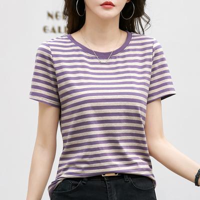 Summer Women's V-Neck T-Shirt Striped Short Sleeve Top