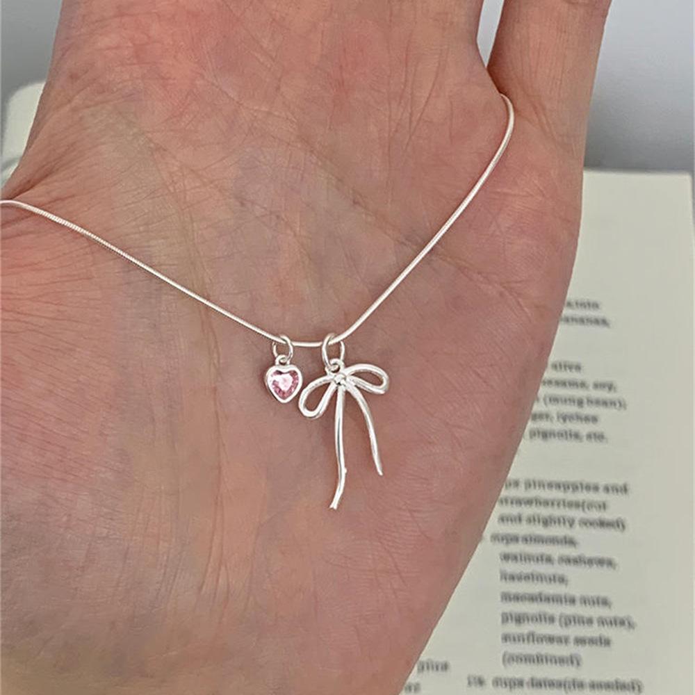 S Sterling Silver Bow Pink Diamond Love Snake Bone Necklace Sweet Cool Neck Chain Personalized Clavicle Chain
