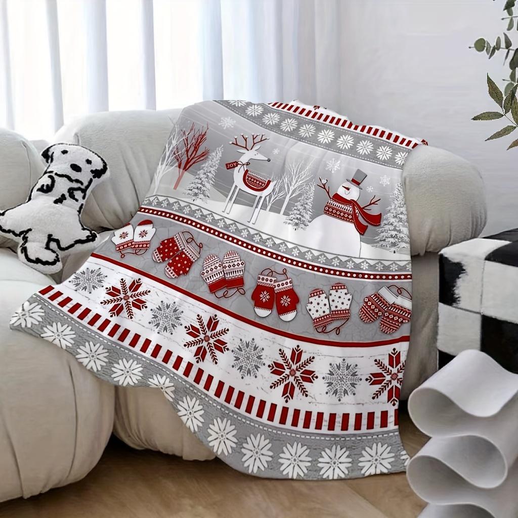 Retro Christmas Reindeer Snowman Flannel Blanket Super Soft Warm Anti-Pilling For Sofa Bed Travel Perfect Holiday Birthday Gift