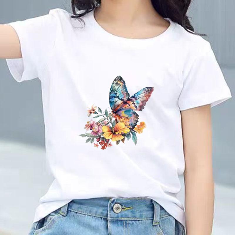 Kids Cotton T Shirt Watercolor Butterfly With Floral Bouquet Print Crew Neck Short Sleeve Tee Casual Boys Girls Summer Tops