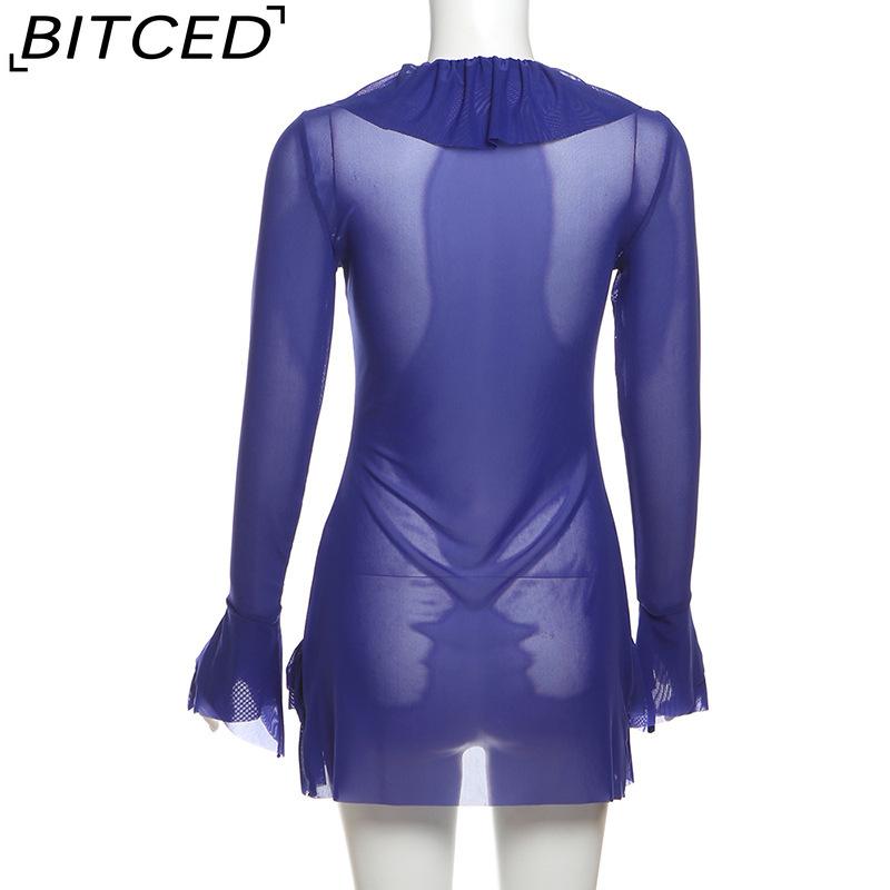 BITCED Fall Women's Solid-Color Slim-Fit Streetwear V-Neck Long-Sleeve Mesh Top