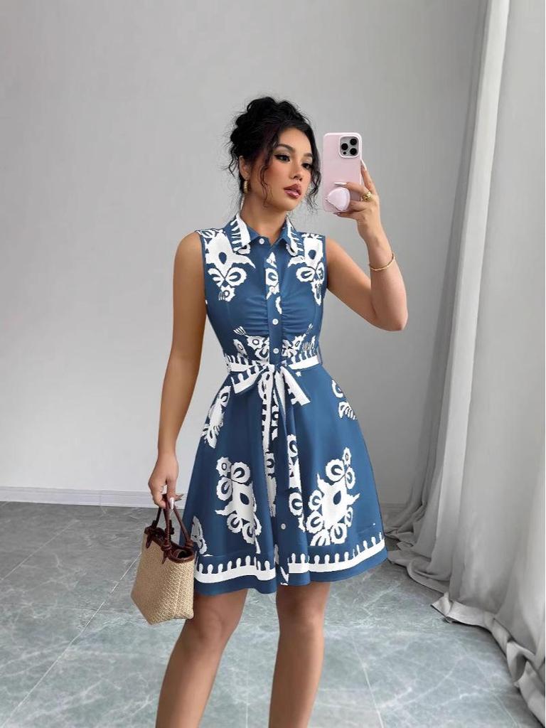 2025 European & American Women's Summer Print Dress Set with Slimming Design