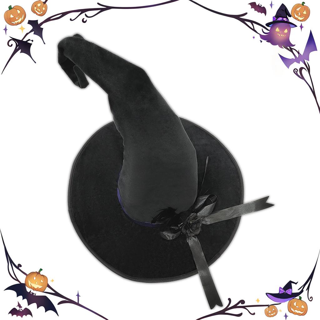 Halloween Witch Hat With Wide Black Flower Feather Velvet Halloween Costume Accessories For Women