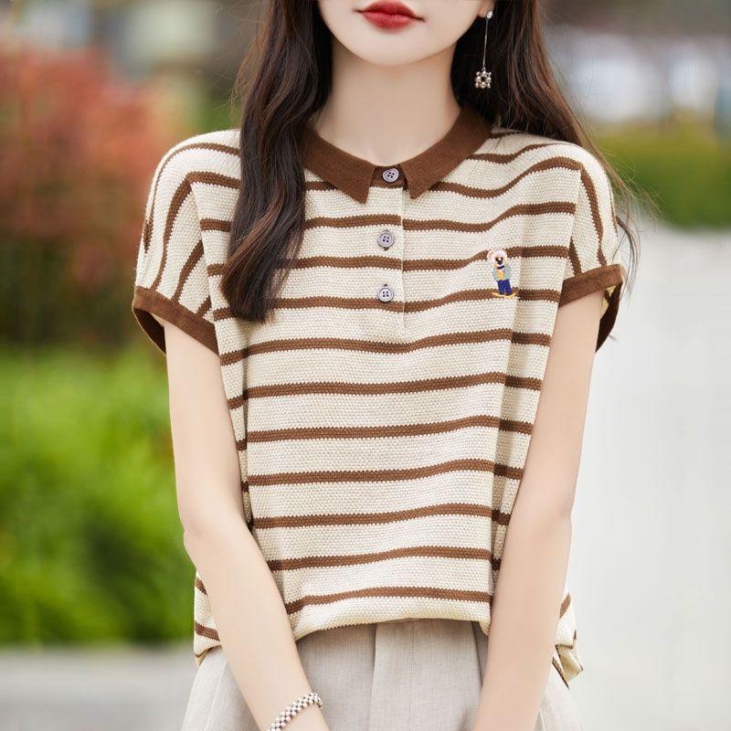 Striped short-sleeved T-shirt women's summer fashion high-end temperament shirt loose and thin POLO neck knitted T-shirt A