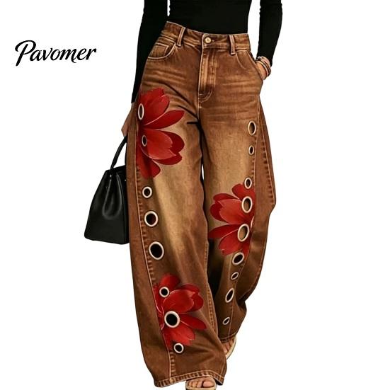 Daily Wear Pants Women High Waisted Wide Leg Jeans, Vintage Floral Print Faux Denim Inspired Trousers, Loose Fit Casual with Pockets & Metal