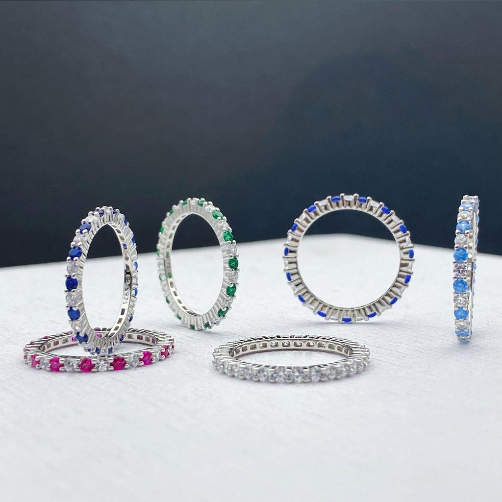 Xiancan S925 Silver Ring: Colorful Design, Cold Style, Versatile Simple Row Diamond Trendsetter