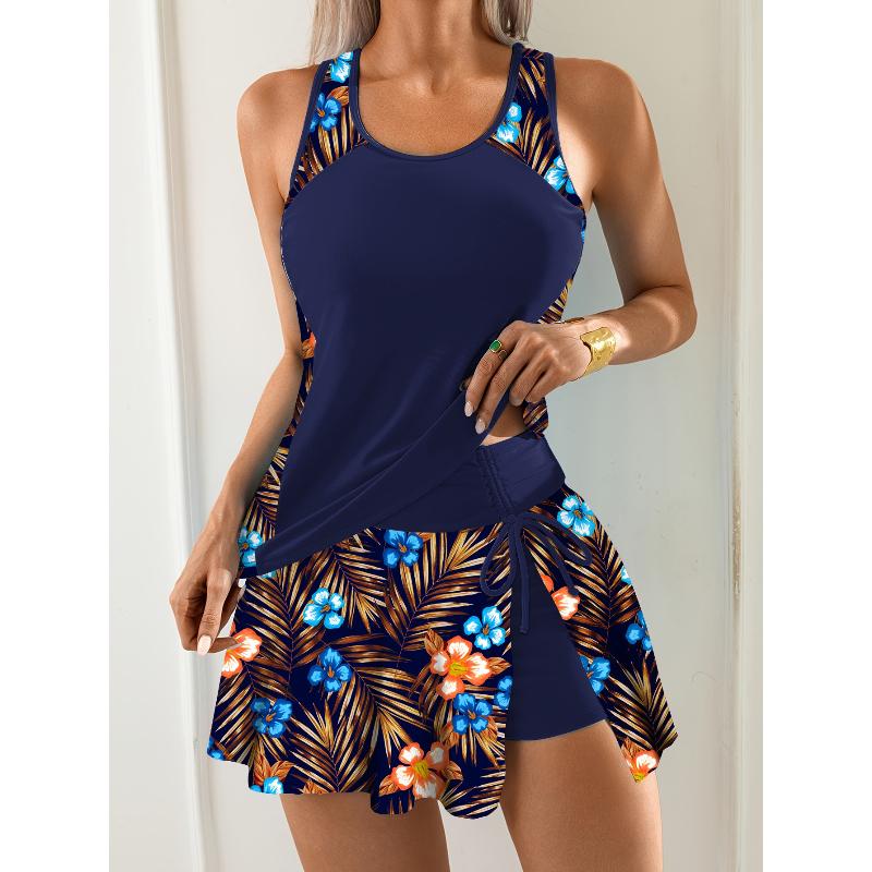 

Women s Blue Tankini Swimsuit Conservative High Waist Swim Shorts Floral Print Skirt Cover Up Modest Two-Piece Swimwear 2XL