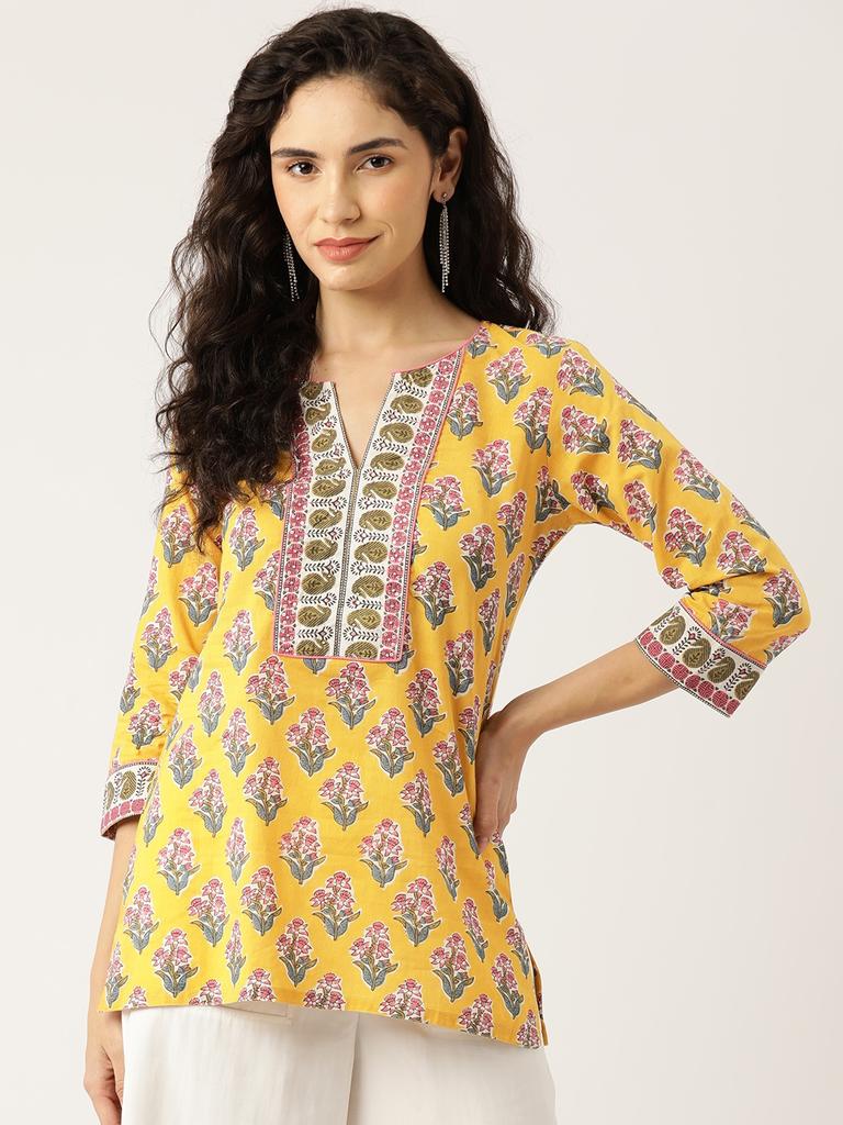 Yellow Printed Sequinned Pure Cotton Kurti