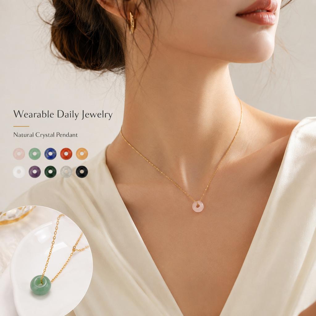 Natural Crystal Donut Pendant Necklace Multi Gemstone Circle Jewelry for Women Daily Wear Gift