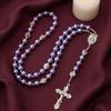 Nazareth Store Purple Pearl Bead Rosary FlowerMetal Necklace Beads Miracle Medal & Cross Rosary Unisex, 1.6" X 0.6" X 21.30", Zinc, No Gemstones.