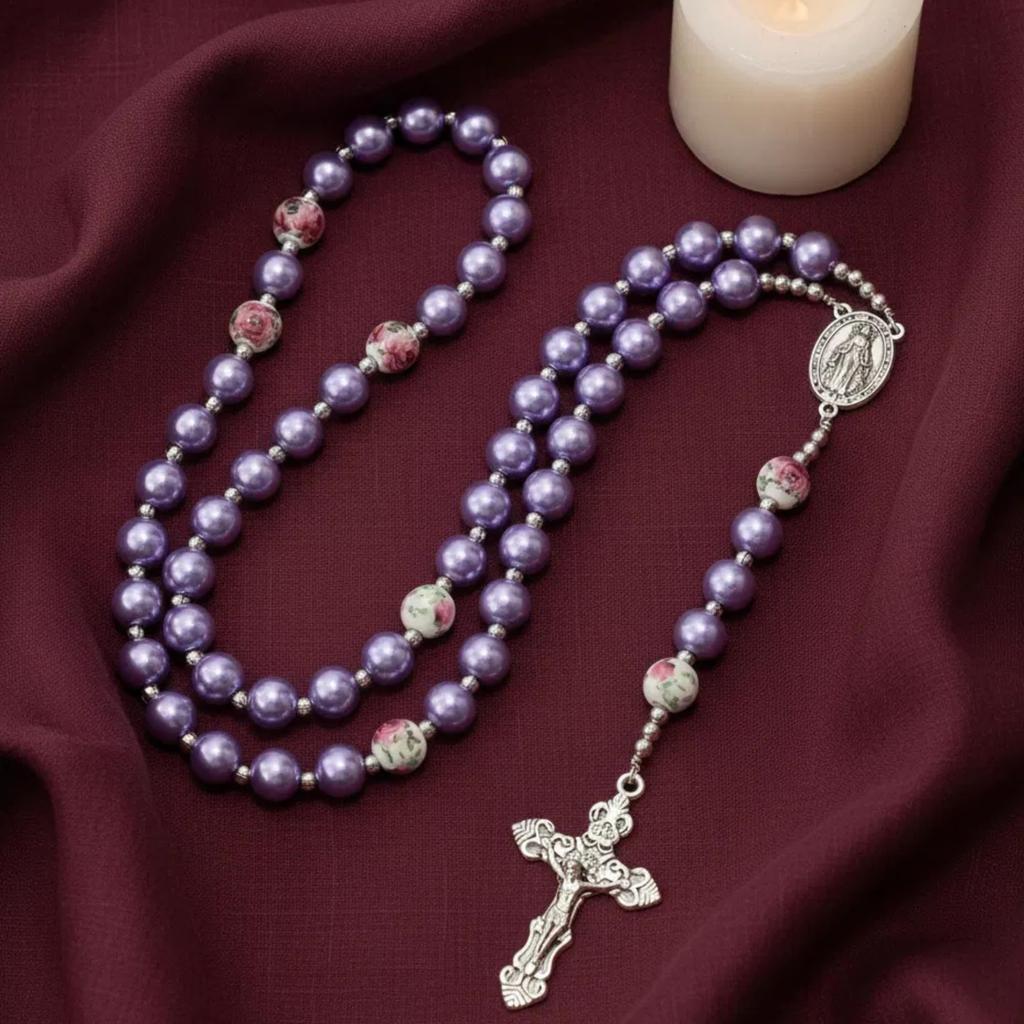 Nazareth Store Purple Pearl Bead Rosary FlowerMetal Necklace Beads Miracle Medal & Cross Rosary Unisex, 1.6" X 0.6" X 21.30", Zinc, No Gemstones.