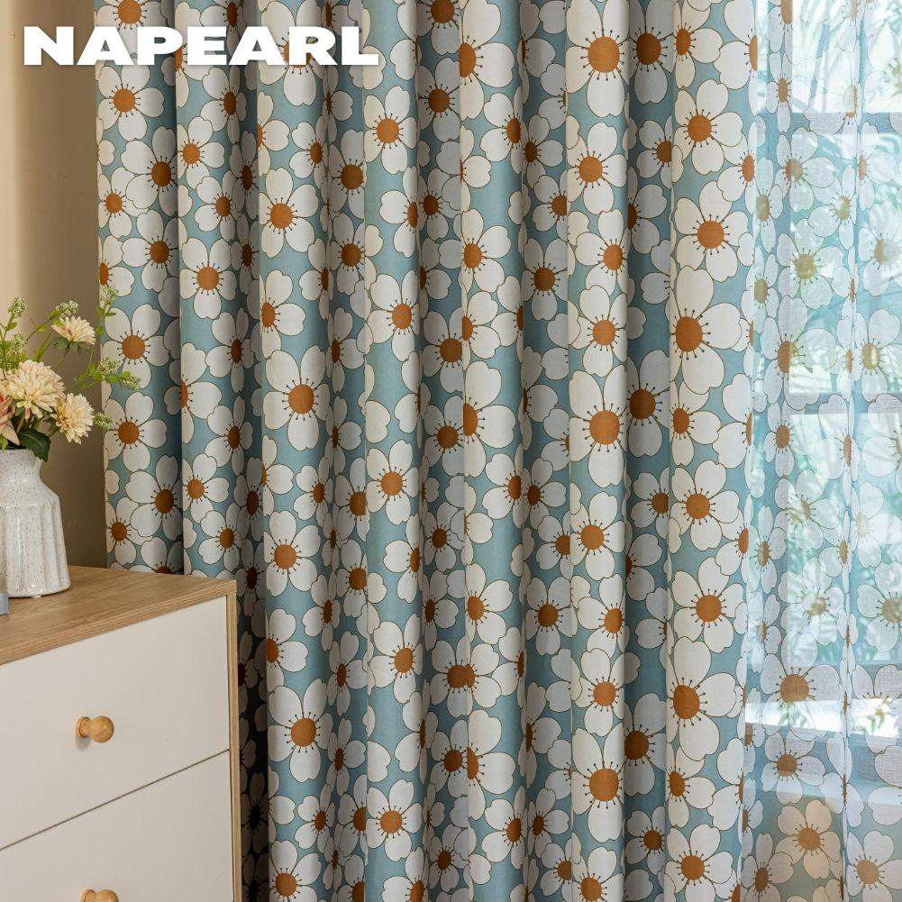 1 Stück NAPEARL Vorhänge im europäischen Landhausstil mit frischem Gänseblümchenmuster, Vollverdunkelungsvorhänge für Schlafzimmer, Wohnzimmer, Balkonfenster zur Heimdekoration