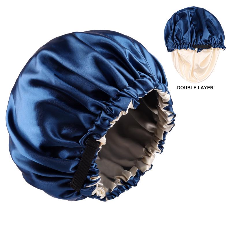 Dual-Layer Satin Sleep Cap with Adjustable Buckle, Reversible Solid Color Design - Elastic European/American Shower Cap
