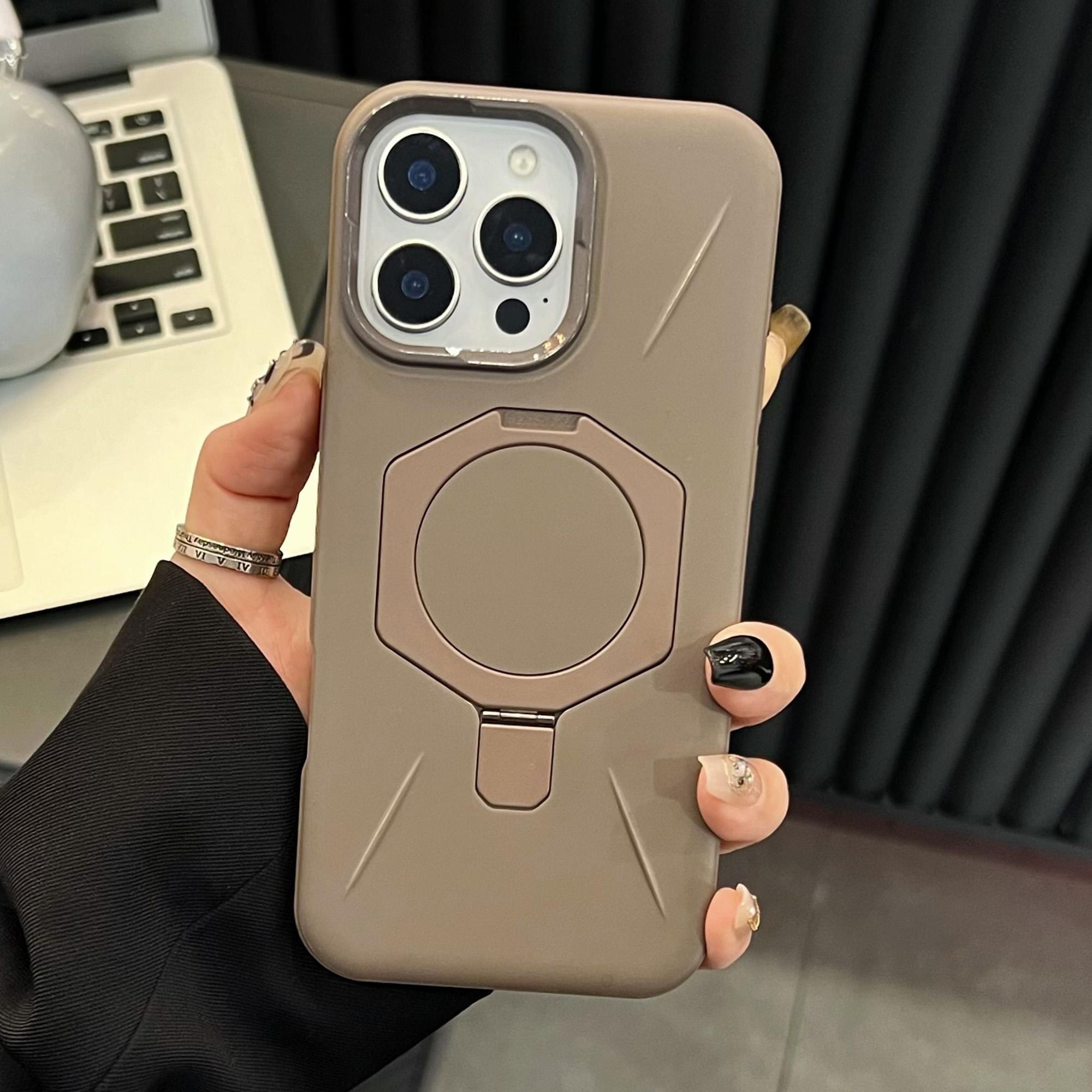 

For iPhone 16 Pro Magnetic Case TPU+PC Rhombus Kickstand Phone Back Cover Brown