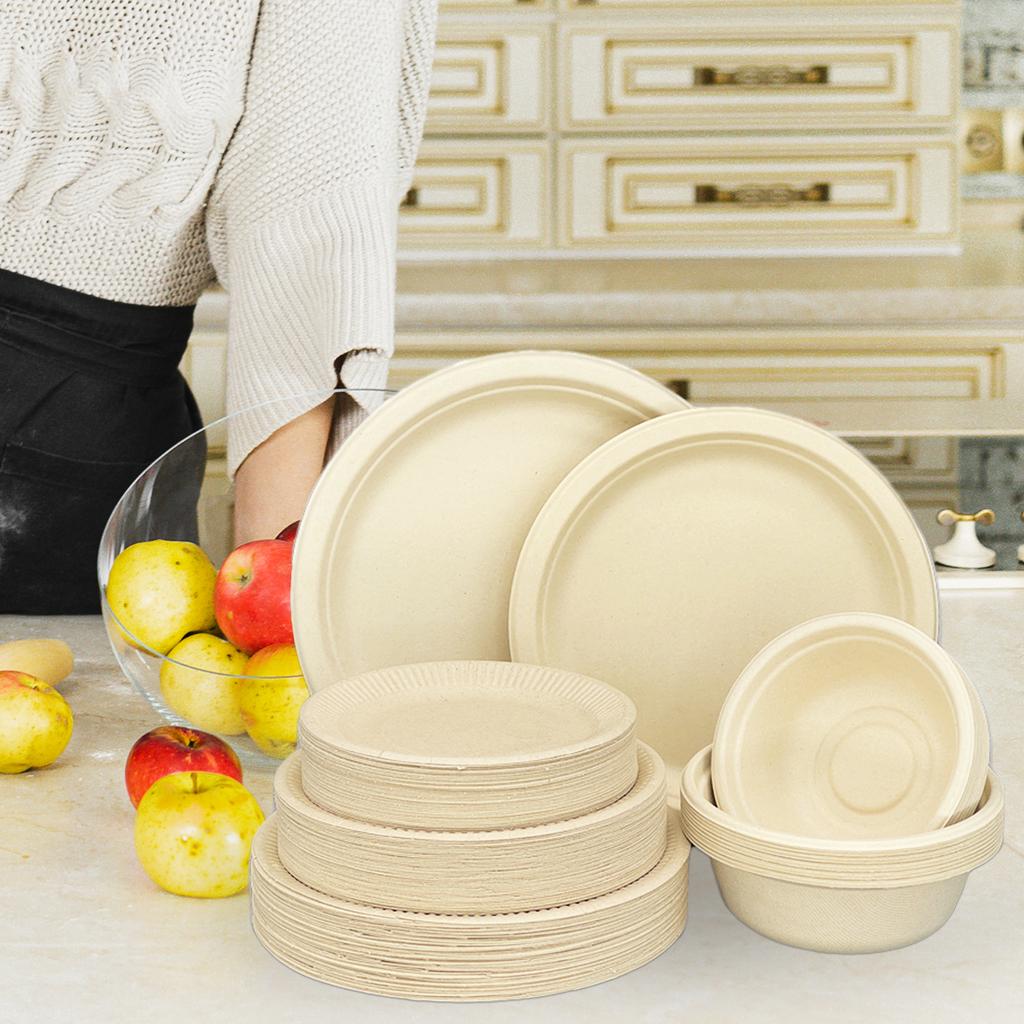 50PCS Disposable 500mL Bowls Disposable Compostable Paper Tableware Set Ecological Degradable Dinnerware for Birthday Barbecues Camping Picnics Party