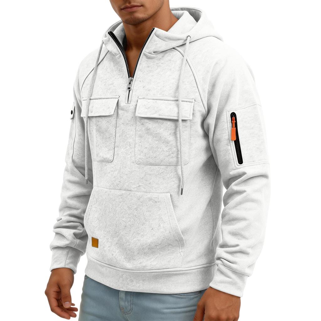 Men's Quarter-Zip Cargo Hoodie with Multi-Pockets Casual Sweatshirt for Everyday Wear