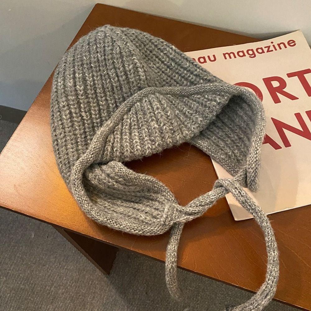 Ear Protection Knitted Flying Cap Solid Color Woolen Crochet Cap Fashion Knitted Woolen Hat  Girls