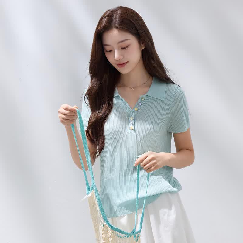 Sancai Plus Size Linen Lyocell Button-Down Knit Top