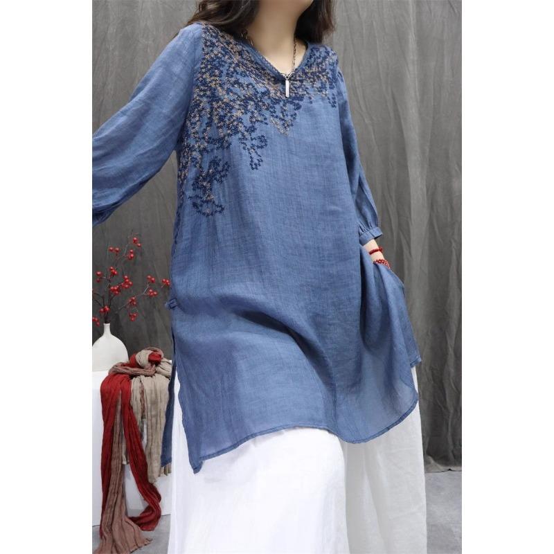 Women Summer Spring Round Neck Half Sleeve Cotton Linen Blend Embroidered Retro Casual Tunic Top