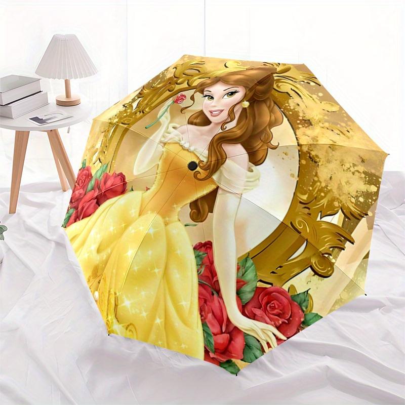 1pc Princess Belle Inspired Auto Open Close Umbrella - Portable 3-Fold Design with 8-Rib Iron Frame, Perfect for Outdoor Use, Festive Gifts,