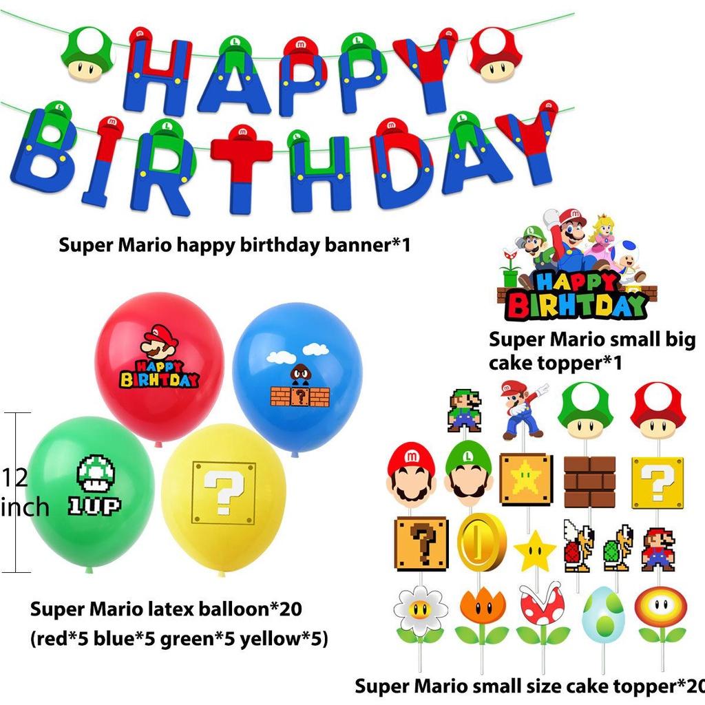 Super Mario Happy Birthday Party Decor Supplies Banner Balloon Cake Topper