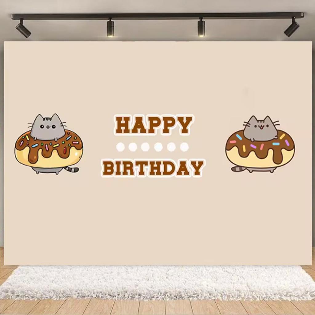 Cartoon Cute Fat Gray Cat Cake Happy Birthday Banner Custom Kid Birthday Party Decor Supplies Baby Shower Photography Background