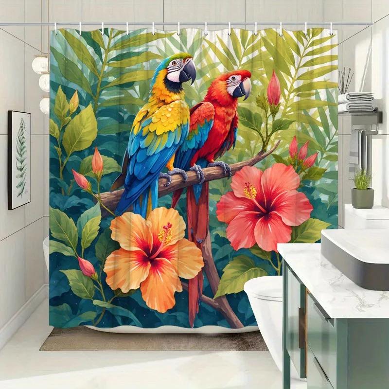 1pc Macaws & Tropical Flowers Shower Curtain - Watercolor Style, Polyester,  Durable & Washable, Tropical Theme