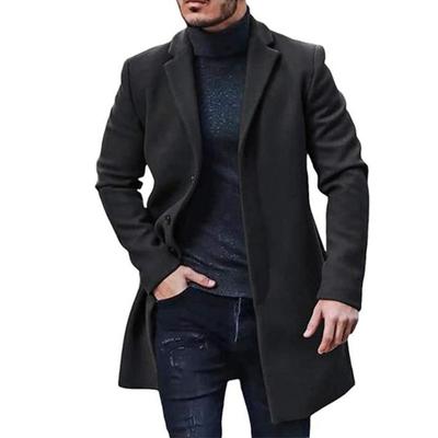 Men Winter Solid Color Suit Coat Lapel Long Sleeve Flap Pockets Single Breasted Mid Length Warm Jacket Overcoat
