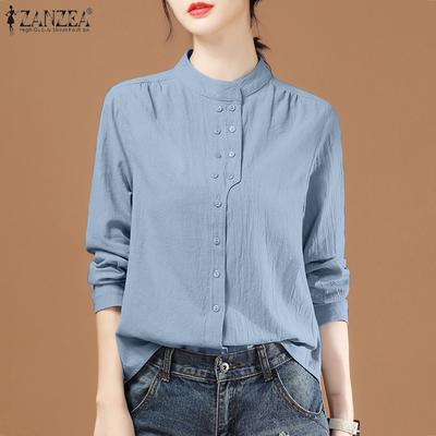Womens Long Sleeve Stand Collar Retro Cotton Blouse