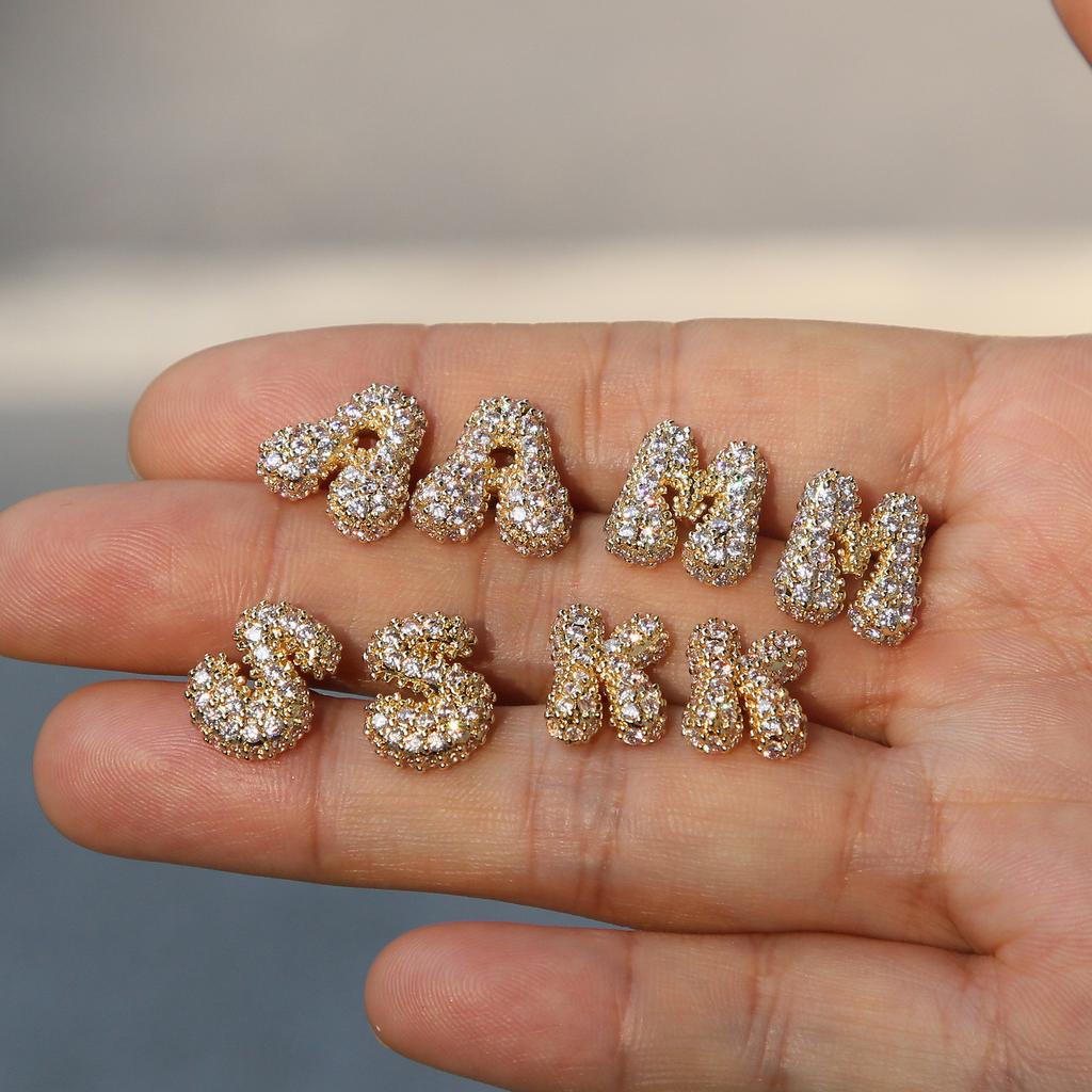 Hip Hop Gold Plated CZ Zircon Initial Letter Stud Earrings for Women Balloon Bubble Fat Alphabet Ear Studs Punk Jewelry