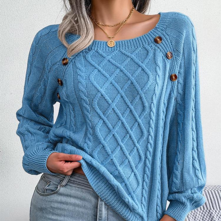 

Women Casual Knit Pullover Sweater Square Neck Button Fried Dough Twist Autumn Winter L небесно-голубой
