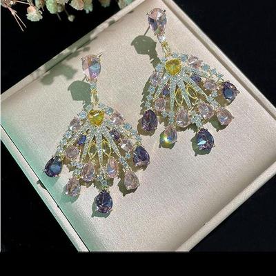 Styles 925 Silver Needle Color Zircon Crystal Sector Earring Accessories Earrings Fine Jewelry