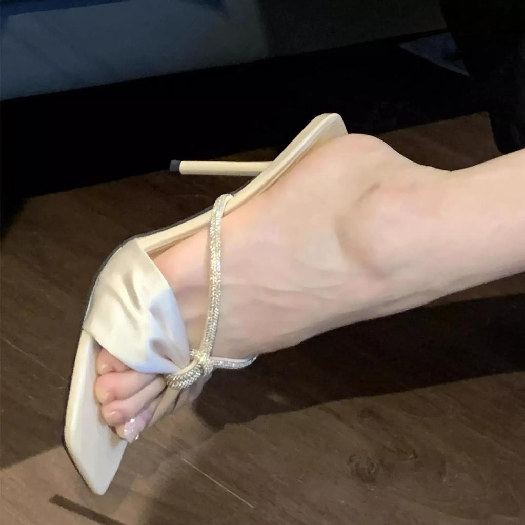 Fashion Square Head Bow High Heels Women's Rhinestone Stilettos One-strap Half Slippers for Outdoor Wear Without Tiring Feet 2025 Summer
