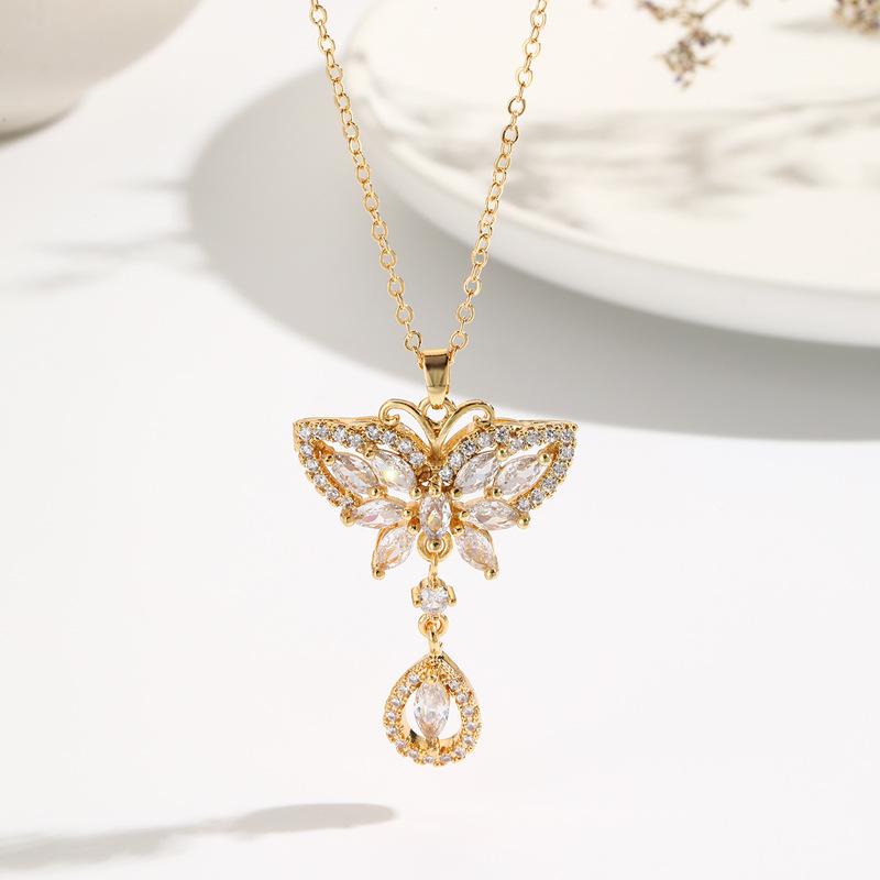 

Французское ретро модное ожерелье с бабочкой и цирконом, ожерелье из нержавеющей стали с инкрустацией цирконом, аксессуары для ожерелья