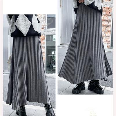 Pleated Skirt Women High Waist Slim Vintage A-Line Skirt New Autumn Winter Simple Classic Warm Female Knit Long Skirt