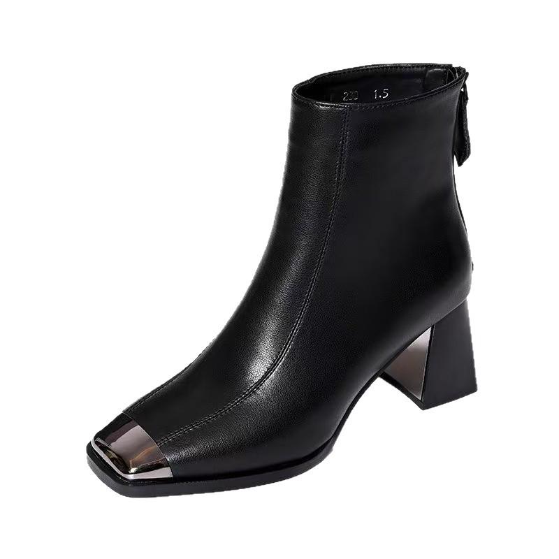 French retro female soft leather square head thick heel m high heel metal bag head rear zipper inner thickened warm short boots