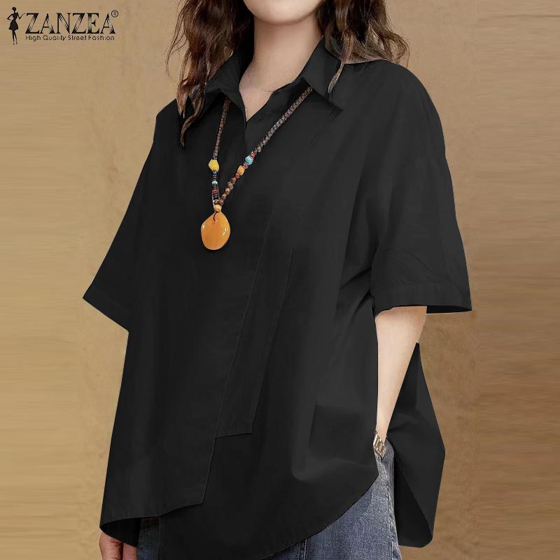 ZANZEA Damen Sommer Casual Shirt Kragen Halbarm Lose Diagonal Knopf Einfarbig Blusen