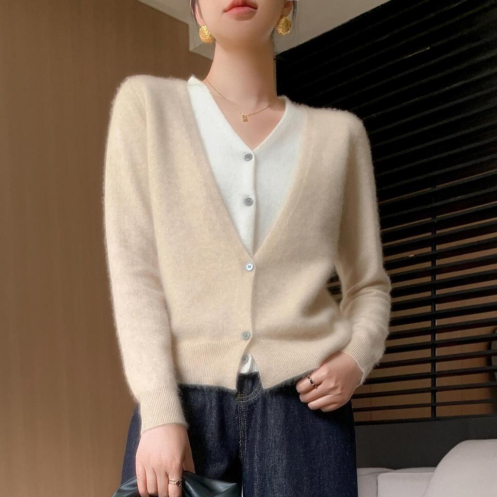 2025 V-neck Button-up Cashmere Knit Cardigan - Korean Style, Loose Fit, Slimming, Fake Two-piece Jacket for Women