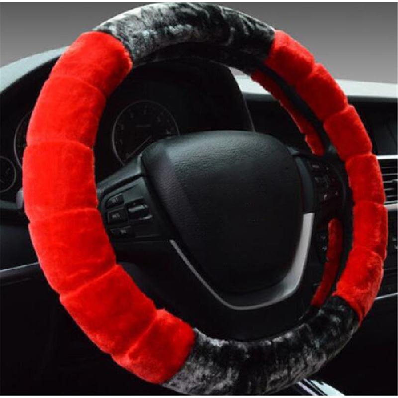 New Winter 38cm Universal Black+Red Plush Furry Thick Auto Car Steering Wheel Cover