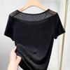 Brillantes Kurzarm-T-Shirt für Damen im Sommer Damen Neues Trend-T-Shirt Sexy Schwarzes Mesh-Basistop