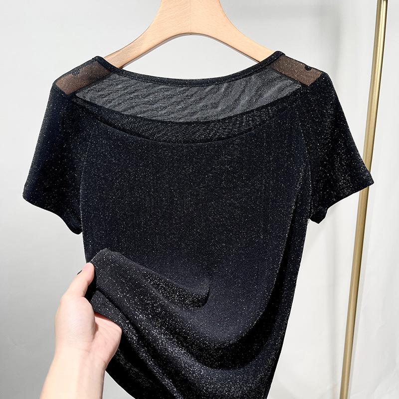 Brilliant Short-sleeved T-shirt for Women In Summer Women's New Trendy T-shirt Sexy Black Mesh Base Top