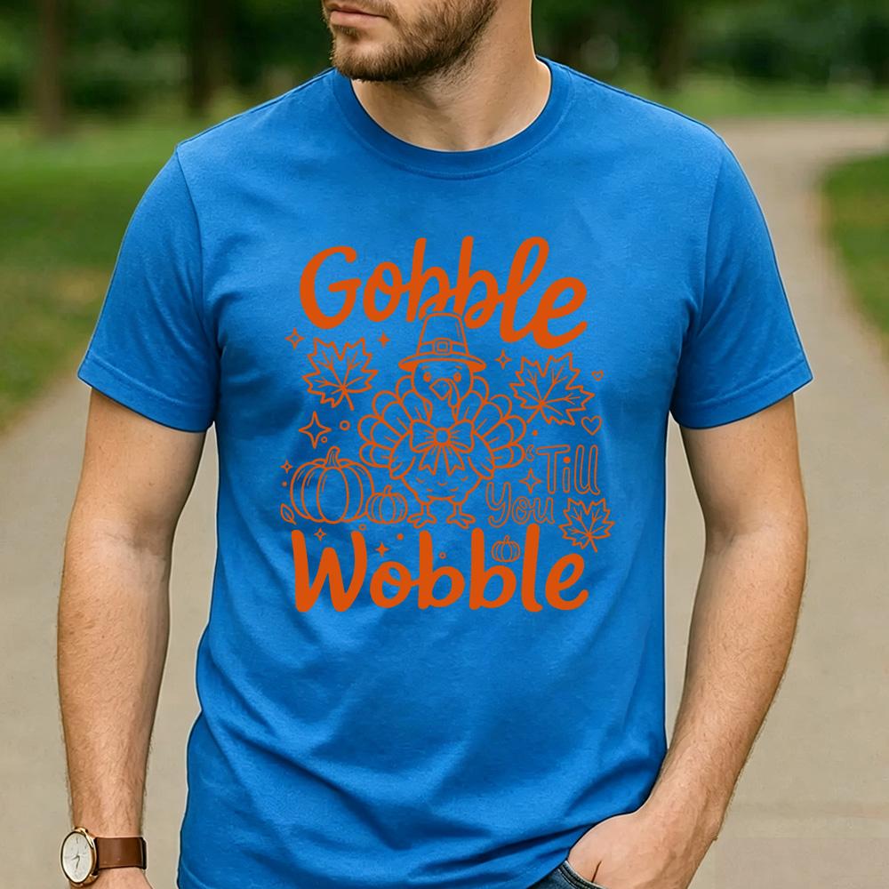 Gobble Till You Wobble Line Art Pilgrim Turkey Pumpkin Maple Leaf Graphic T Shirt Unisex Cotton Funny Thanksgiving Casual Tee