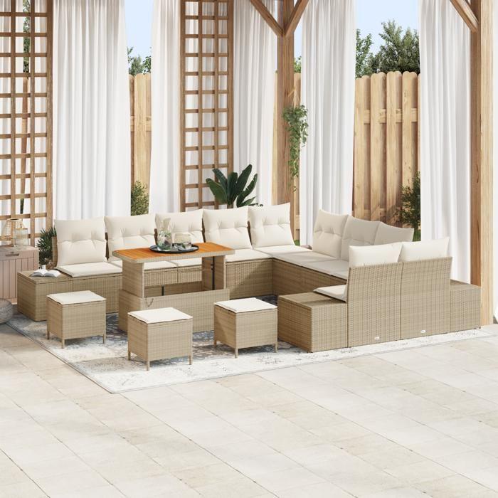 Ensemble de canapés de jardin de 14 pièces avec coussins beige poly rattan acacia, Canapé de jardin 2 places avec coussins 3362851